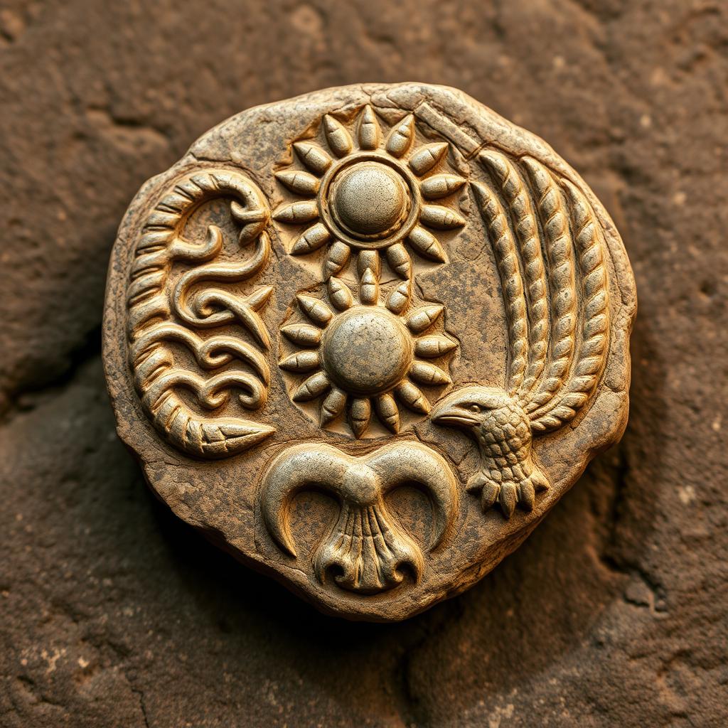 An ancient stone talisman intricately carved with detailed stone reliefs depicting a scorpion, a radiant sun, and an eagle's claw