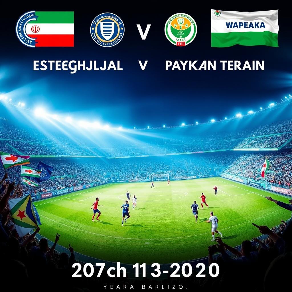 A visually striking sports poster featuring a football match between Esteghlal Tehran and Paykan Tehran