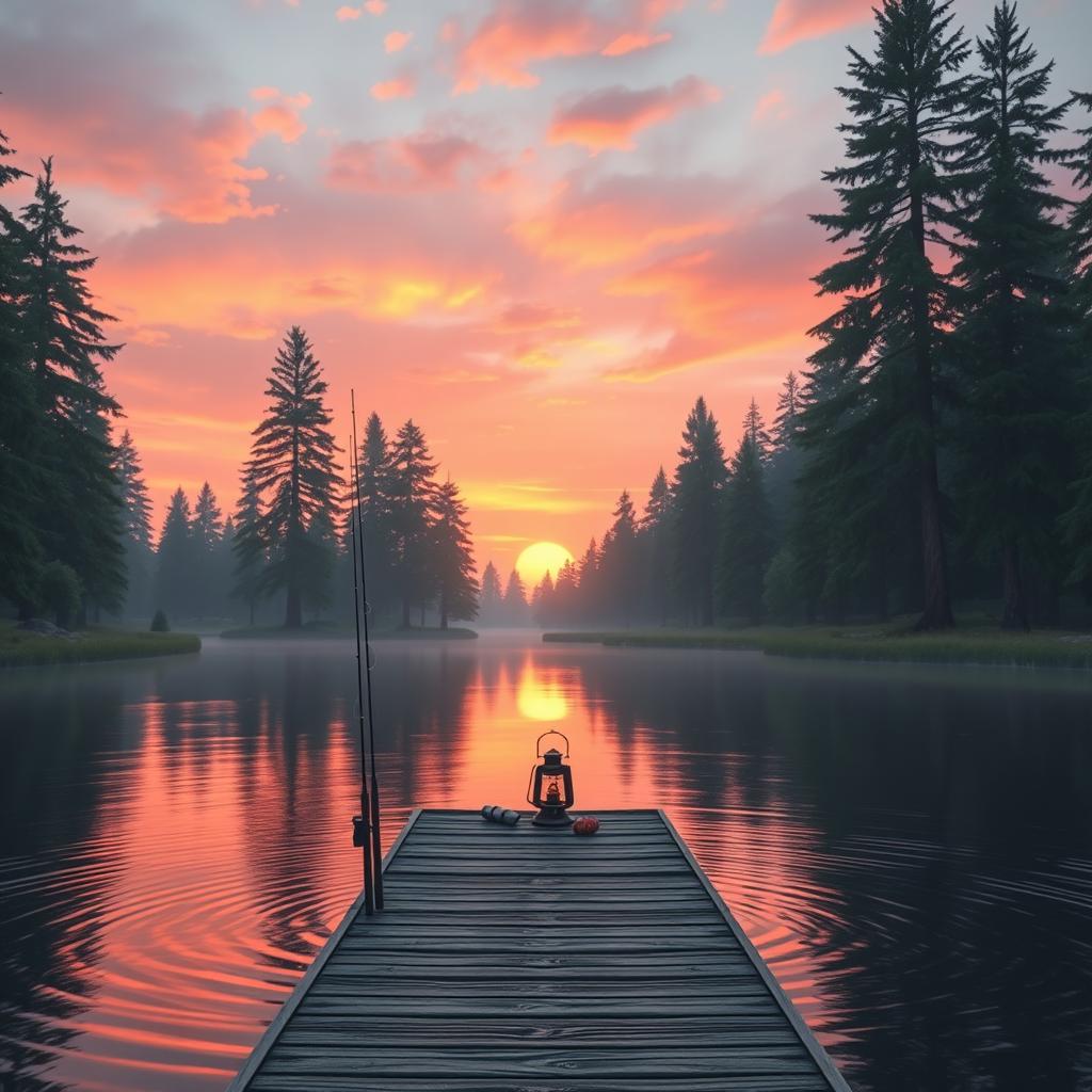 A hyper-realistic depiction of a serene landscape featuring a softly glowing sunset over a calm lake, surrounded by tall, lush pine trees