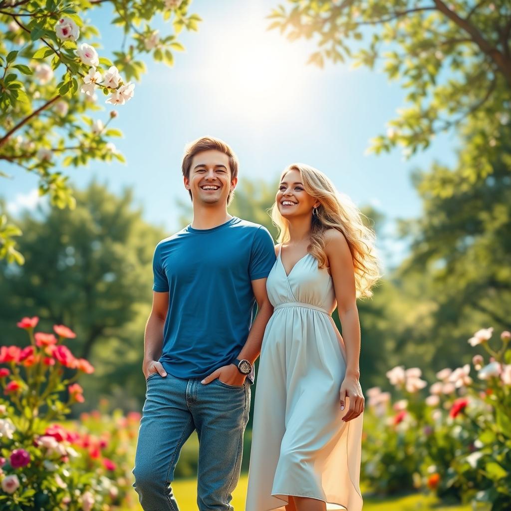 A digitally generated image depicting a warm and inviting scene where two people are joyfully together in a beautiful park setting