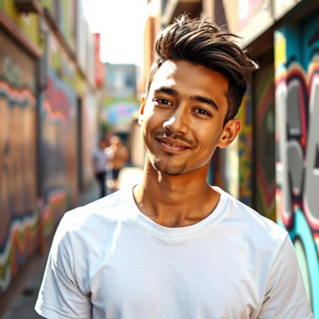 A single person wearing a white t-shirt, standing confidently with a slight smile