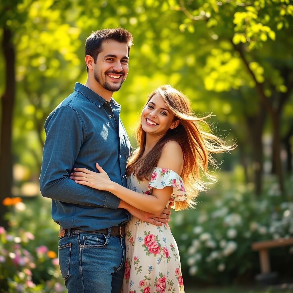A beautiful and heartwarming scene depicting two individuals, a man and a woman, standing closely together in a sunlit park
