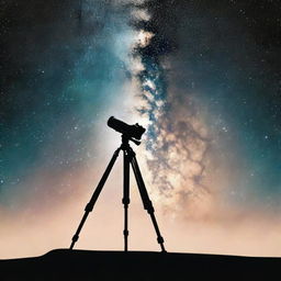 Design a logo from the previous image, optimized for use on photography centric Facebook pages, incorporating elements of a silhouetted photographer with a tripod against the backdrop of the Milky Way.