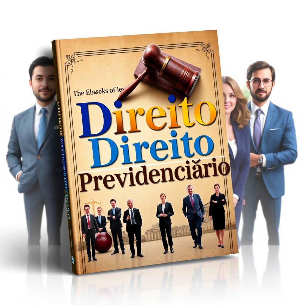 A visually striking e-book cover for a guide on 'Direito Previdenciário', featuring a balanced blend of serious and professional elements