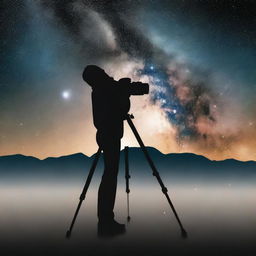 Design a logo from the previous image, optimized for use on photography centric Facebook pages, incorporating elements of a silhouetted photographer with a tripod against the backdrop of the Milky Way.