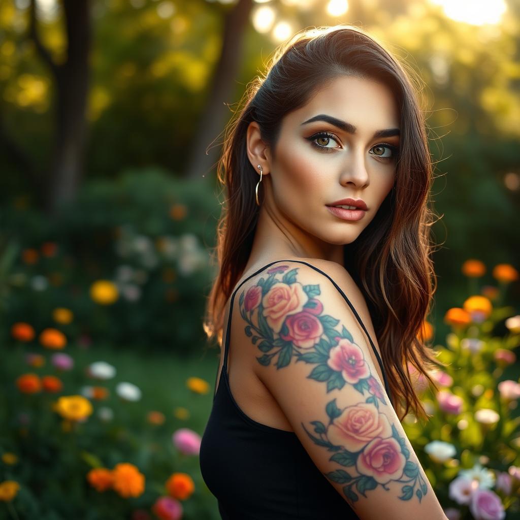 A beautiful artistic image of a model with a stunning tattoo on her arm