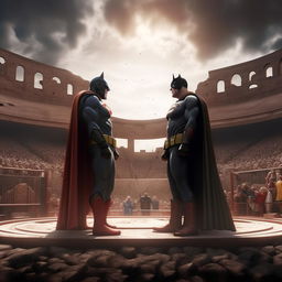 Superman and Batman standing face to face in the center of Colosseum's fighting arena, with a palpable tension indicative of an impending battle. Spectators fill the stands, eagerly awaiting the engagement. Render this scene with a touch of realism.