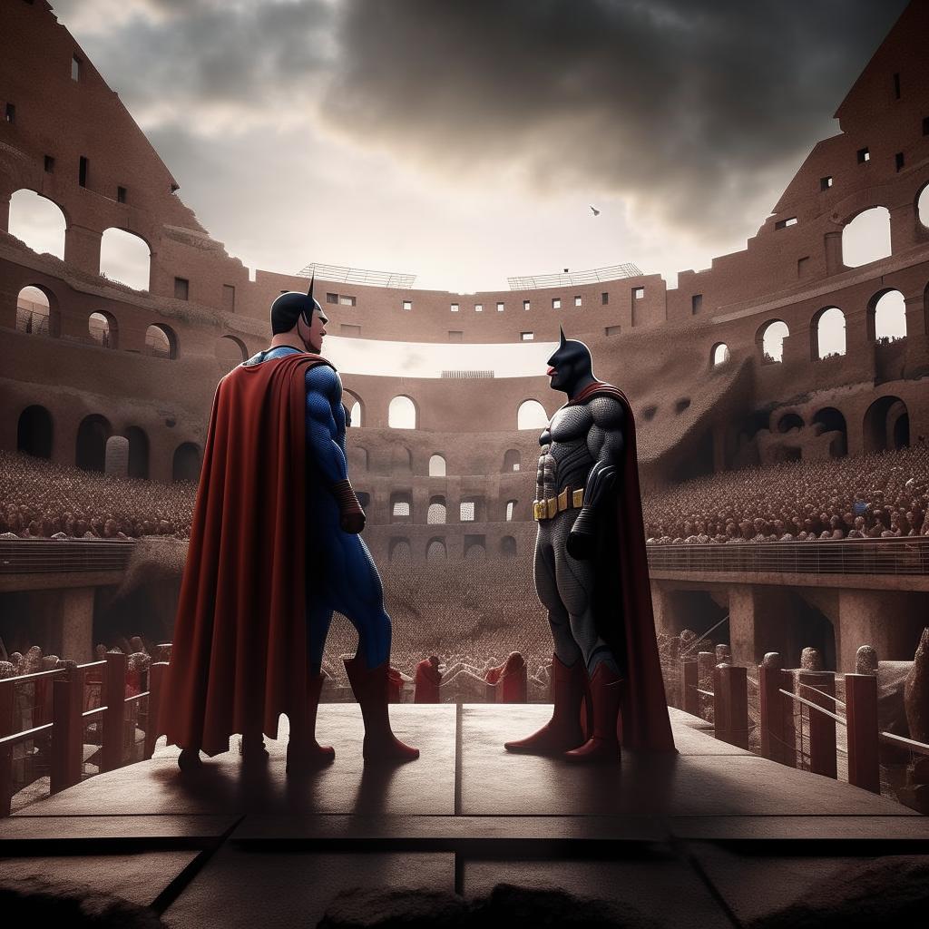 Superman and Batman standing face to face in the center of Colosseum's fighting arena, with a palpable tension indicative of an impending battle. Spectators fill the stands, eagerly awaiting the engagement. Render this scene with a touch of realism.