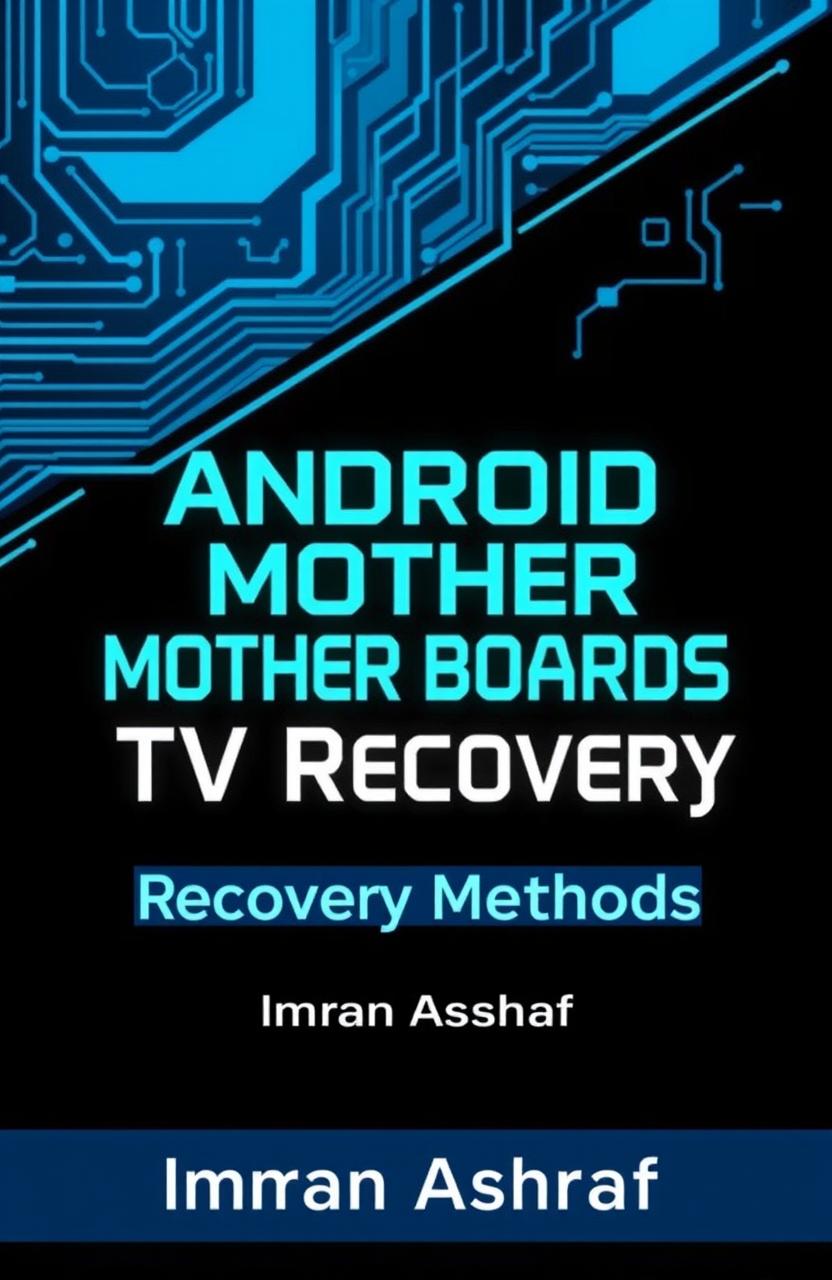 An eye-catching eBook cover for 'Android Mother Boards TV Recovery Methods' by Imran Ashraf, featuring a sleek and modern design in shades of blue and black