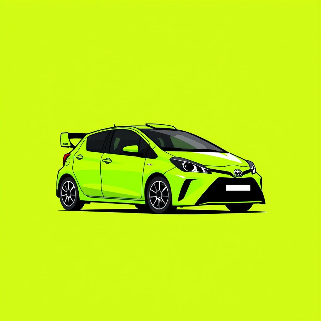 A simple plot illustration of a Toyota Yaris GR WRC rally car, prominently featured against a vibrant green lime background