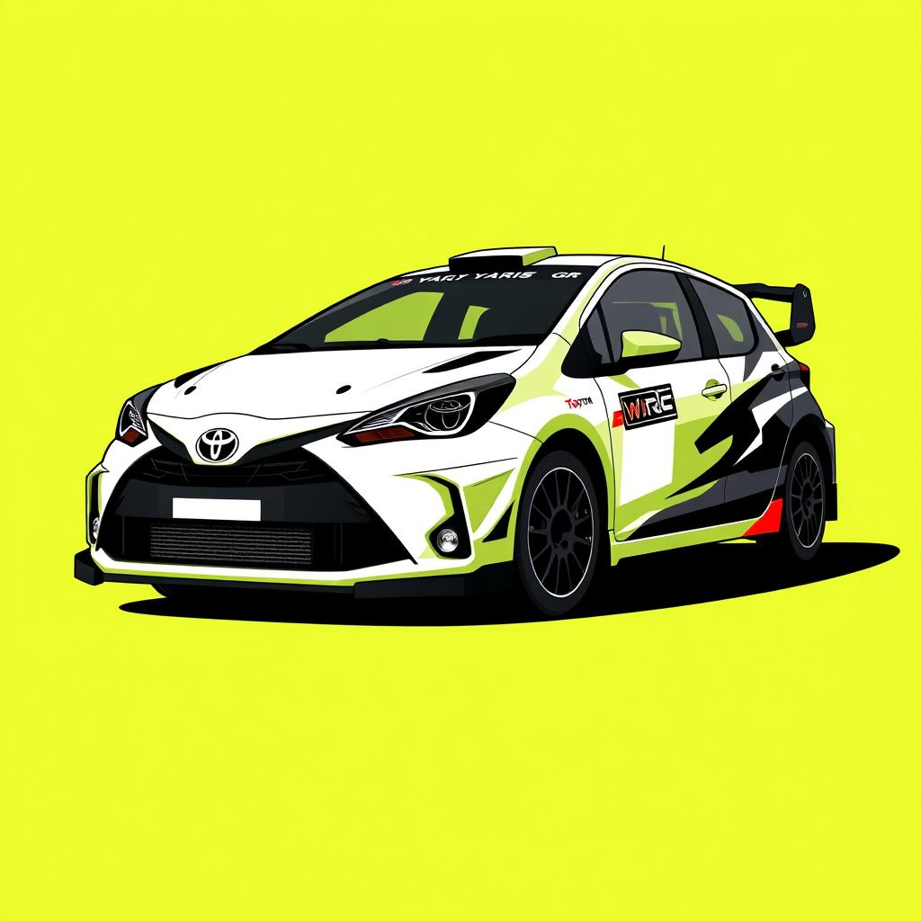 A simple plot illustration of a Toyota Yaris GR WRC rally car, prominently featured against a vibrant green lime background