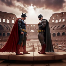 Superman and Batman standing face to face in the center of Colosseum's fighting arena, with a palpable tension indicative of an impending battle. Spectators fill the stands, eagerly awaiting the engagement. Render this scene with a touch of realism.