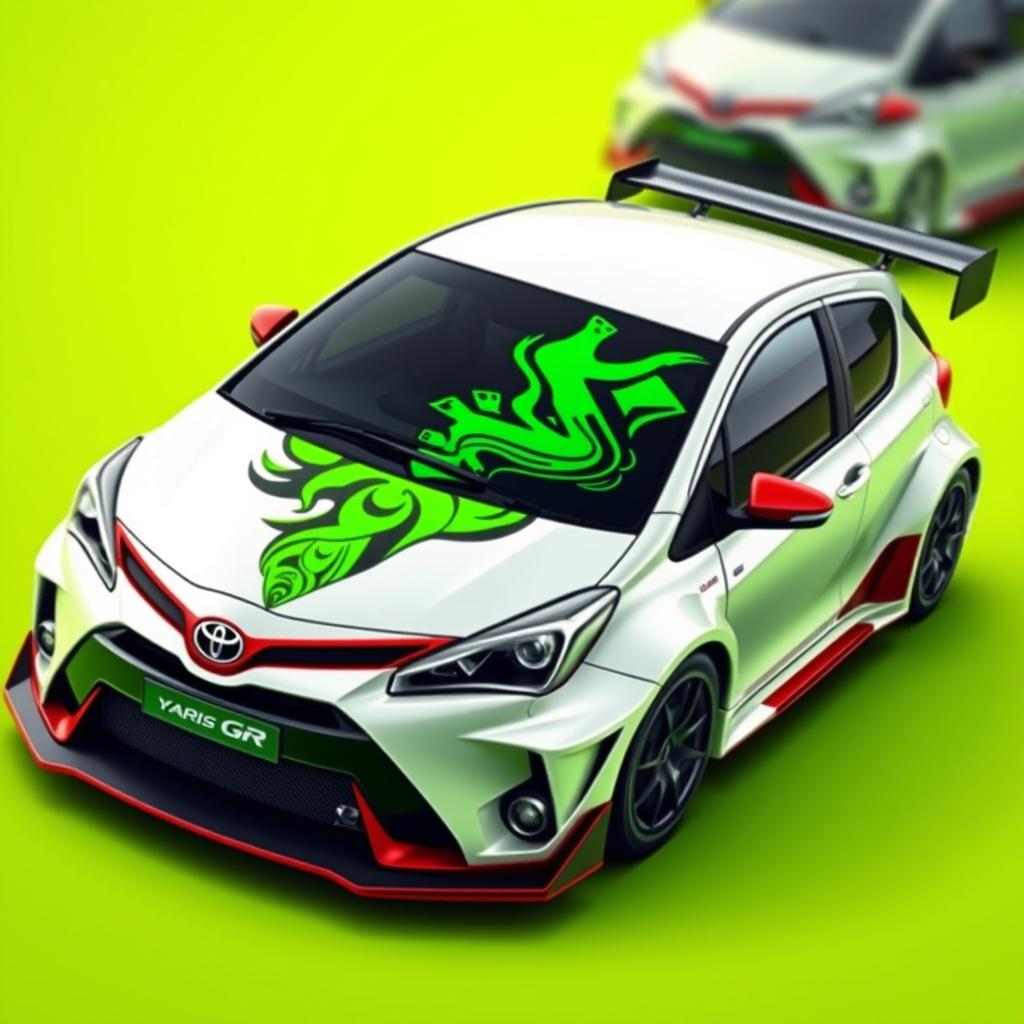 A stylized racing car design featuring a sleek Toyota Yaris GR, predominantly white with bold black and red accents