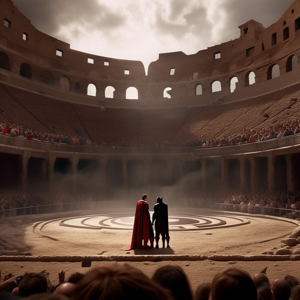 Superman and Batman standing face to face in the center of Colosseum's fighting arena, with a palpable tension indicative of an impending battle. Spectators fill the stands, eagerly awaiting the engagement. Render this scene with a touch of realism.