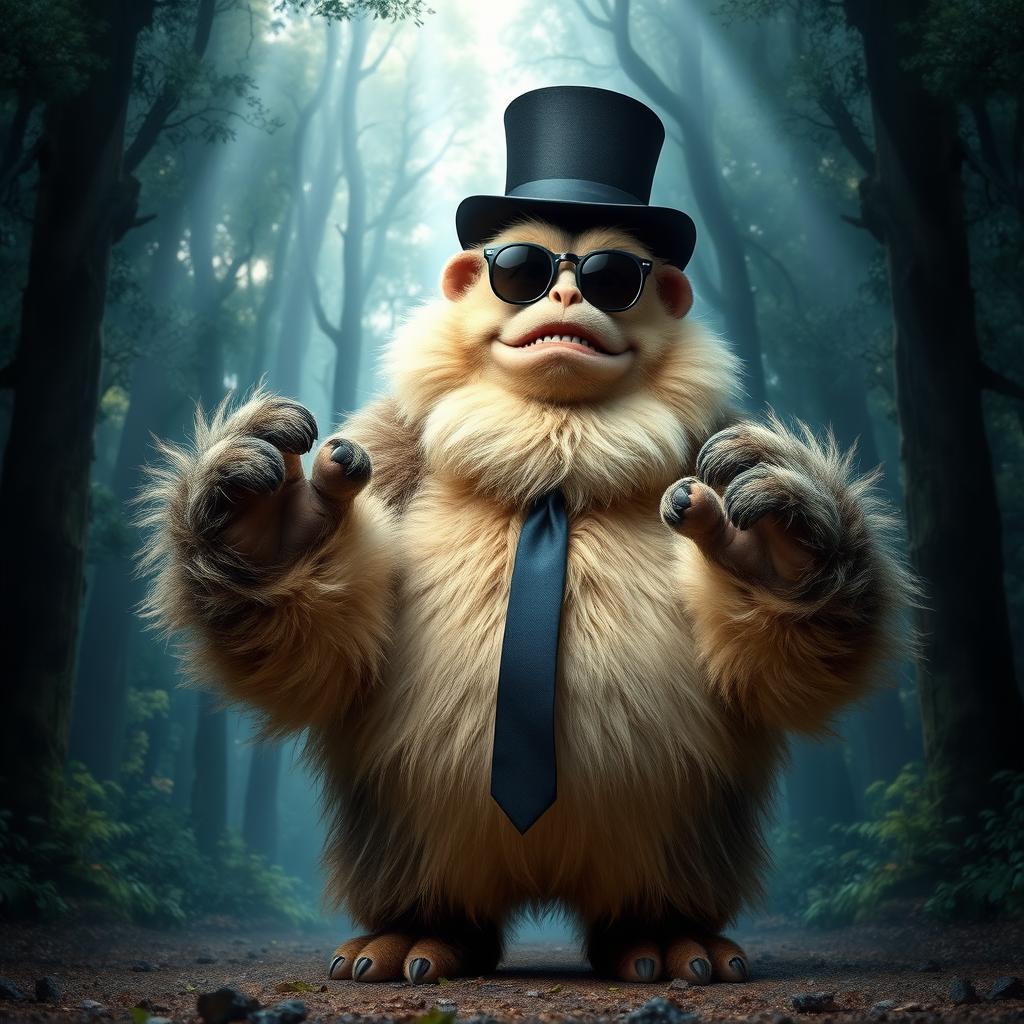 A charismatic, oversized creature with a fluffy, fur-covered body standing confidently in a magical forest