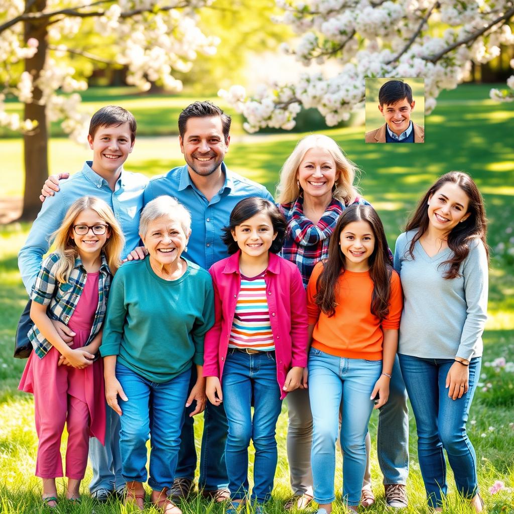 A heartwarming group photo of a family, where each member's individual photo is seamlessly blended to create a cheerful and vibrant composition
