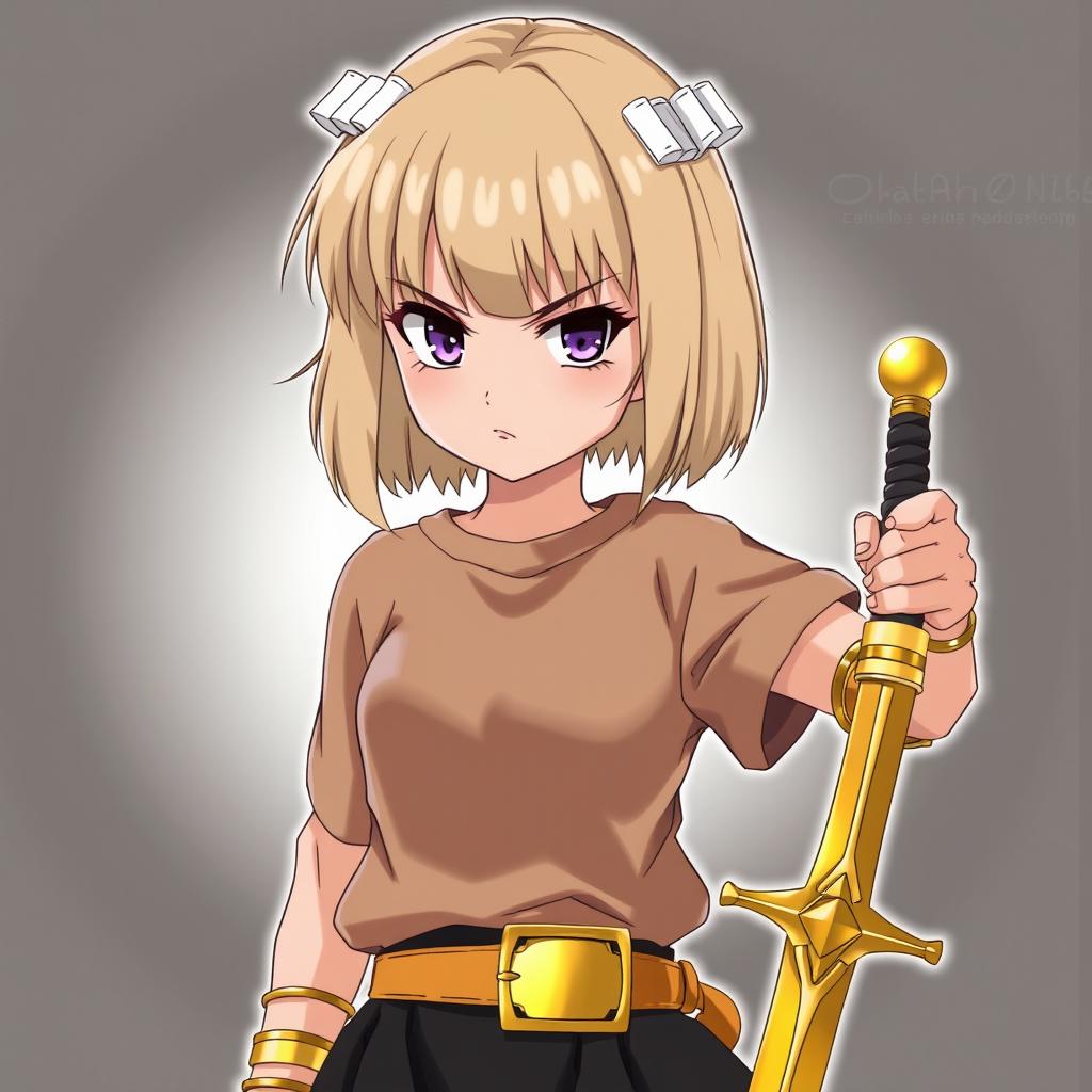 A young anime girl with a beige short bob-cut hairstyle featuring stylish bangs, adorned with two white rectangular hair clips