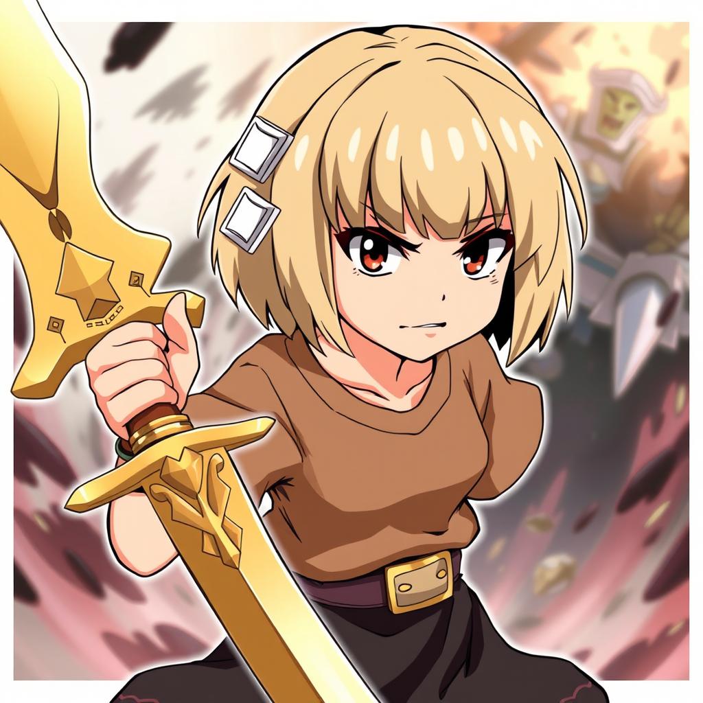 An expressive anime character illustrated as a young girl with a short beige bob-cut hairstyle featuring bangs