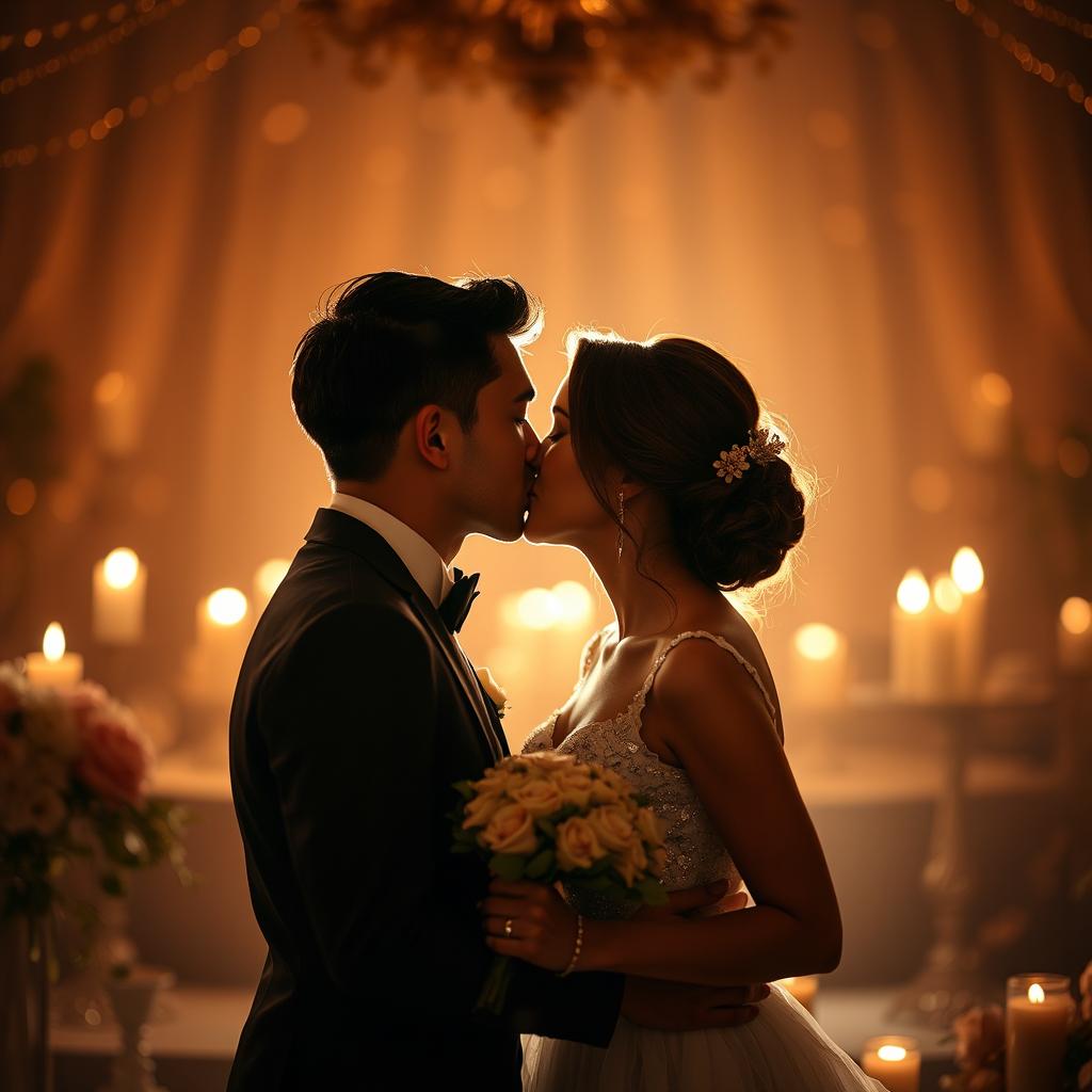A romantic scene featuring two individuals elegantly dressed, sharing a tender kiss in a dimly lit, intimate setting