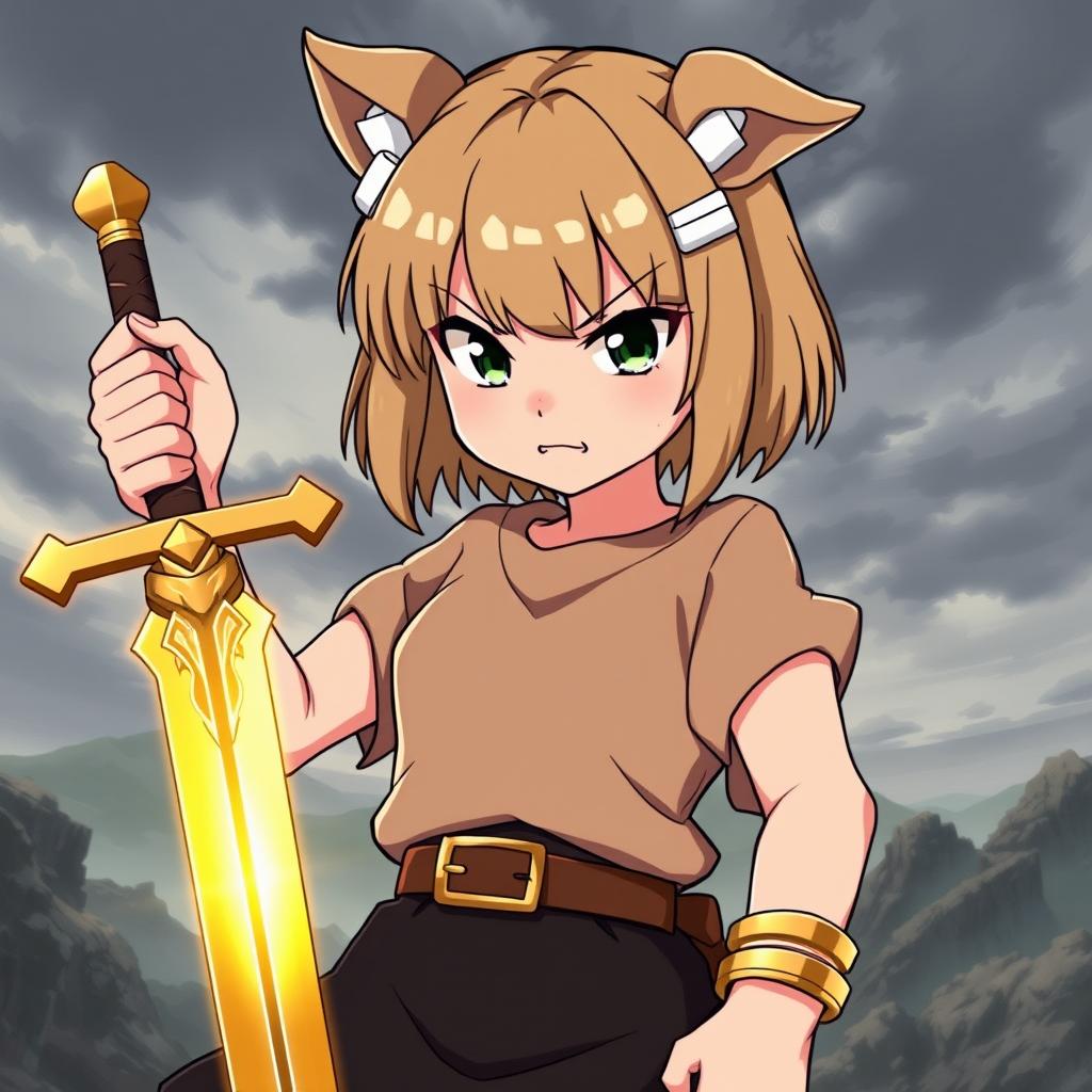 An expressive anime character illustrated as a young girl with beige short bob-cut hair featuring bangs, and unique pig ears that add a whimsical touch