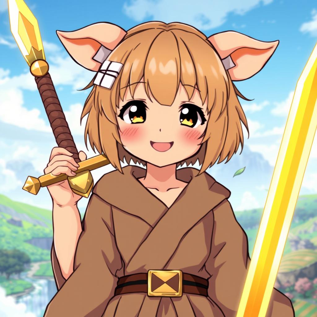 An enchanting anime character depicted as a young girl, featuring beige short bob-cut hair with bangs and adorable pig ears that add a playful charm