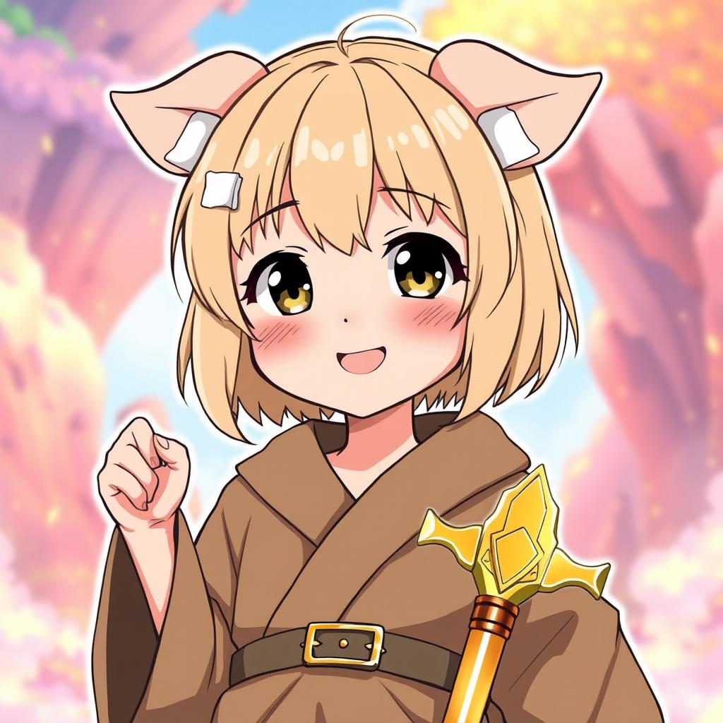 An adorable anime character depicted as a young girl with beige short bob-cut hair and bangs, complete with charming pig ears that enhance her whimsical appearance