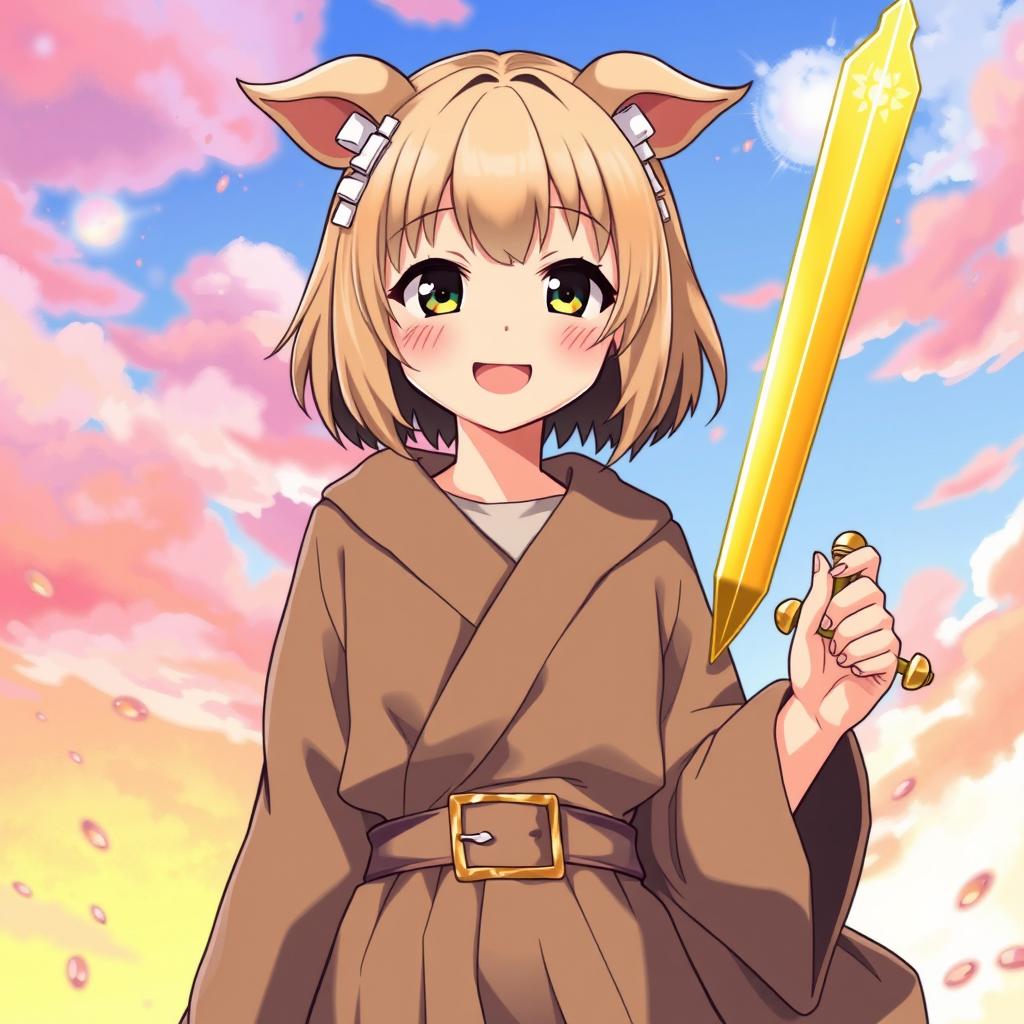 A cheerful anime girl depicted with beige short bob-cut hair and bangs, featuring charming pig ears that give her a whimsical look