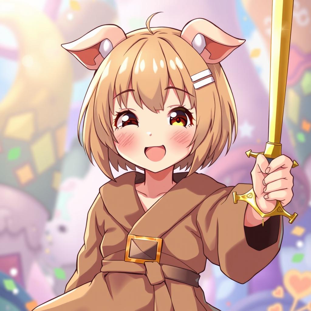 A delightful anime girl portrayed with beige short bob-cut hair and bangs, highlighted by whimsical pig ears that enhance her charming appearance