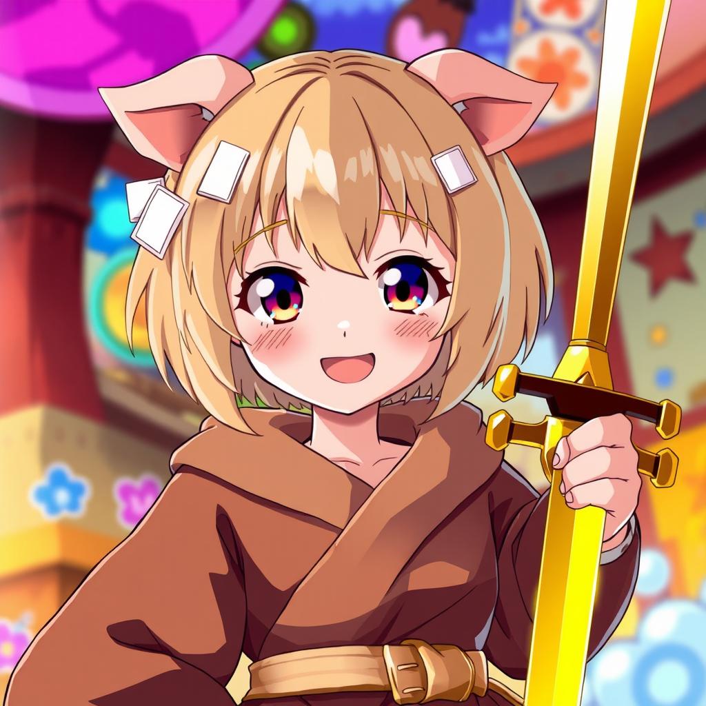 A vibrant anime girl character featuring beige short bob-cut hair with bangs and cute pig ears, accentuated by two white rectangular hair clips