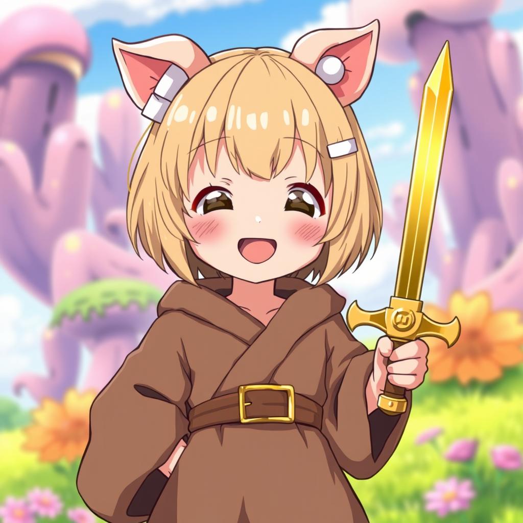 An adorable anime girl with beige short bob-cut hair and bangs, complemented by playful pig ears