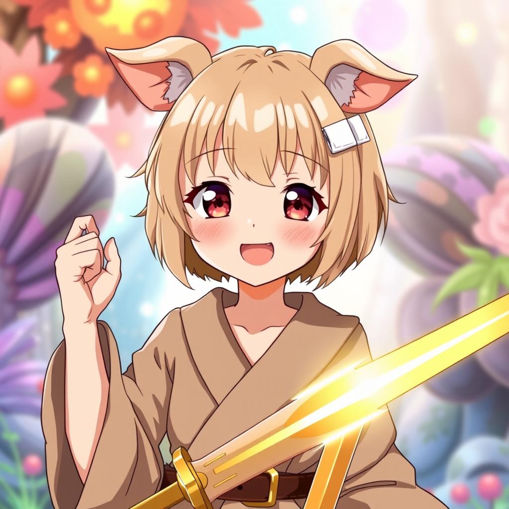 A cheerful young anime girl with beige short bob-cut hair adorned with bangs and playful pig ears