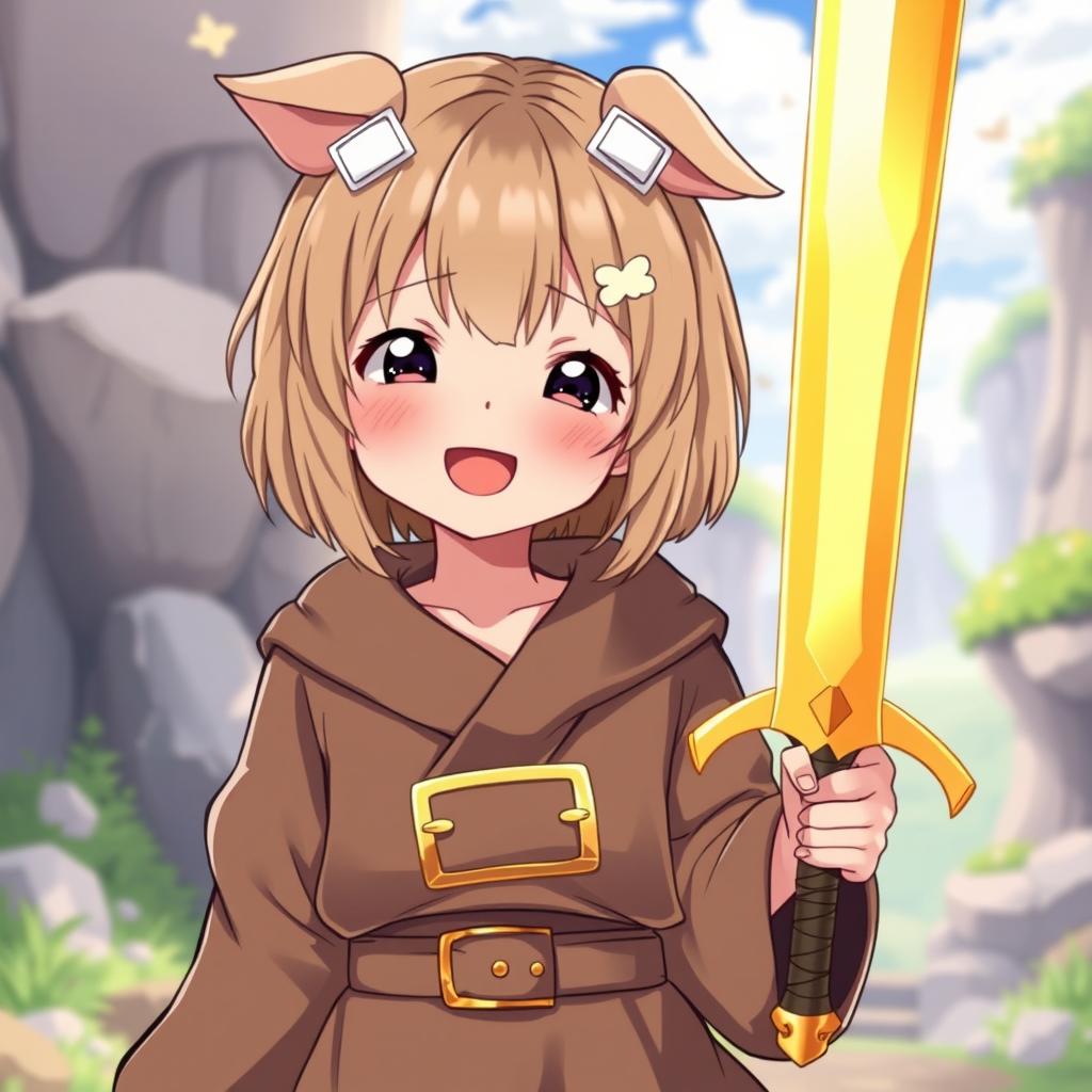 A delightful anime girl with beige short bob-cut hair featuring bangs and adorable pig ears