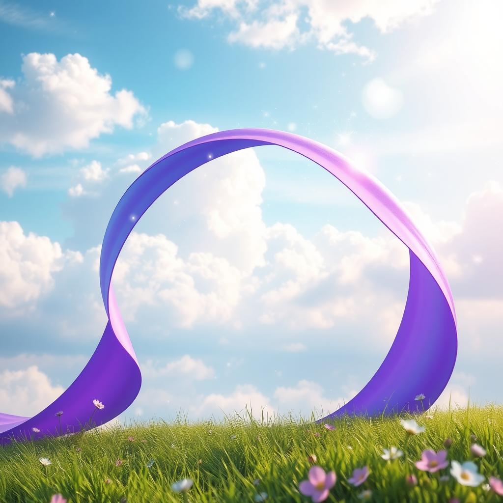 A vibrant and whimsical scene of a fantasy landscape featuring a flowing ribbon or band that transitions from blue to purple