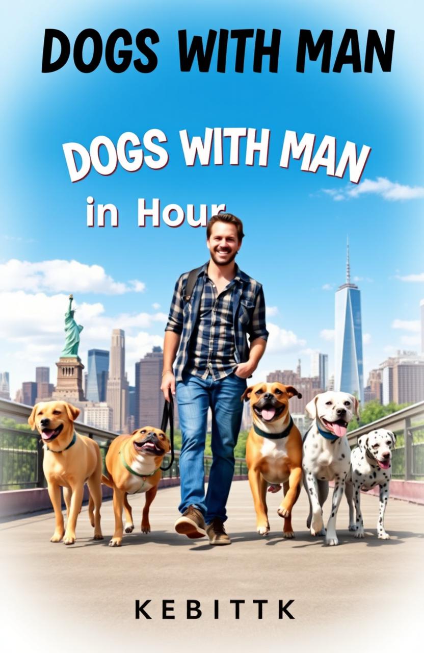 A vibrant and engaging book cover design for 'DOGS WITH MAN in New York'