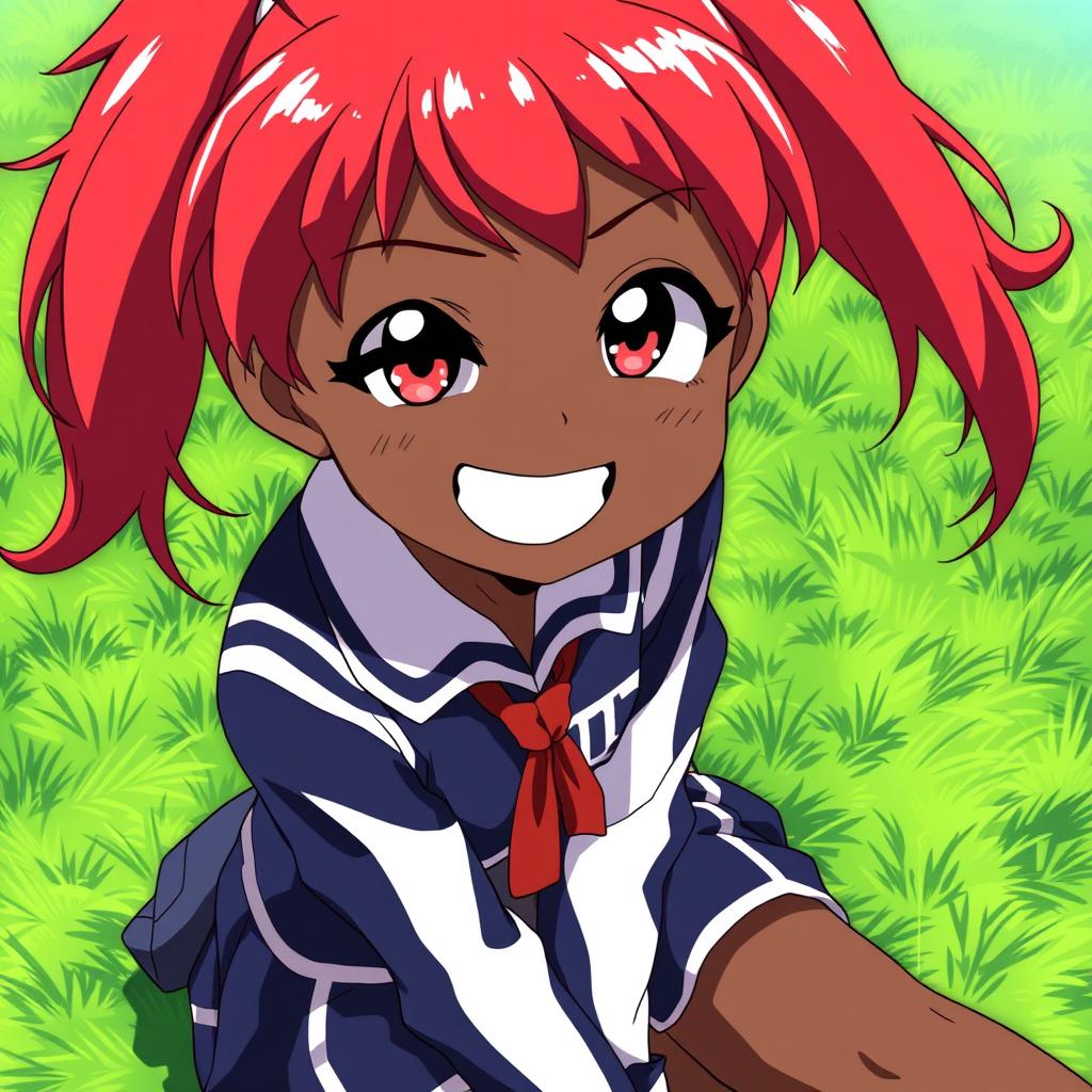 A cheerful red-haired girl with dark skin and bold black eyeliner, sitting on the grass