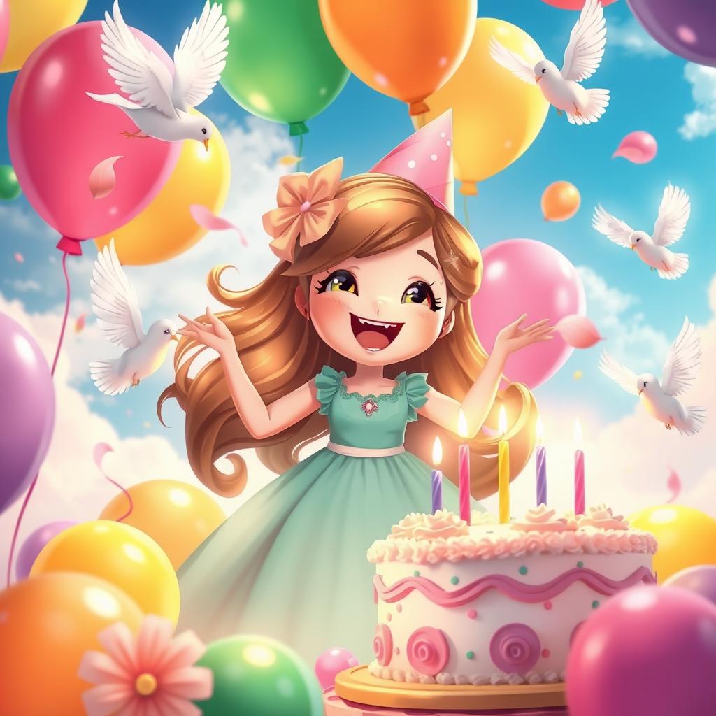A joyful birthday celebration scene, featuring Cherieme surrounded by colorful balloons and a beautifully decorated birthday cake with lit candles