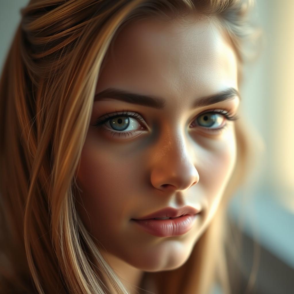 A close-up portrait of a young woman with long, flowing hair styled beautifully