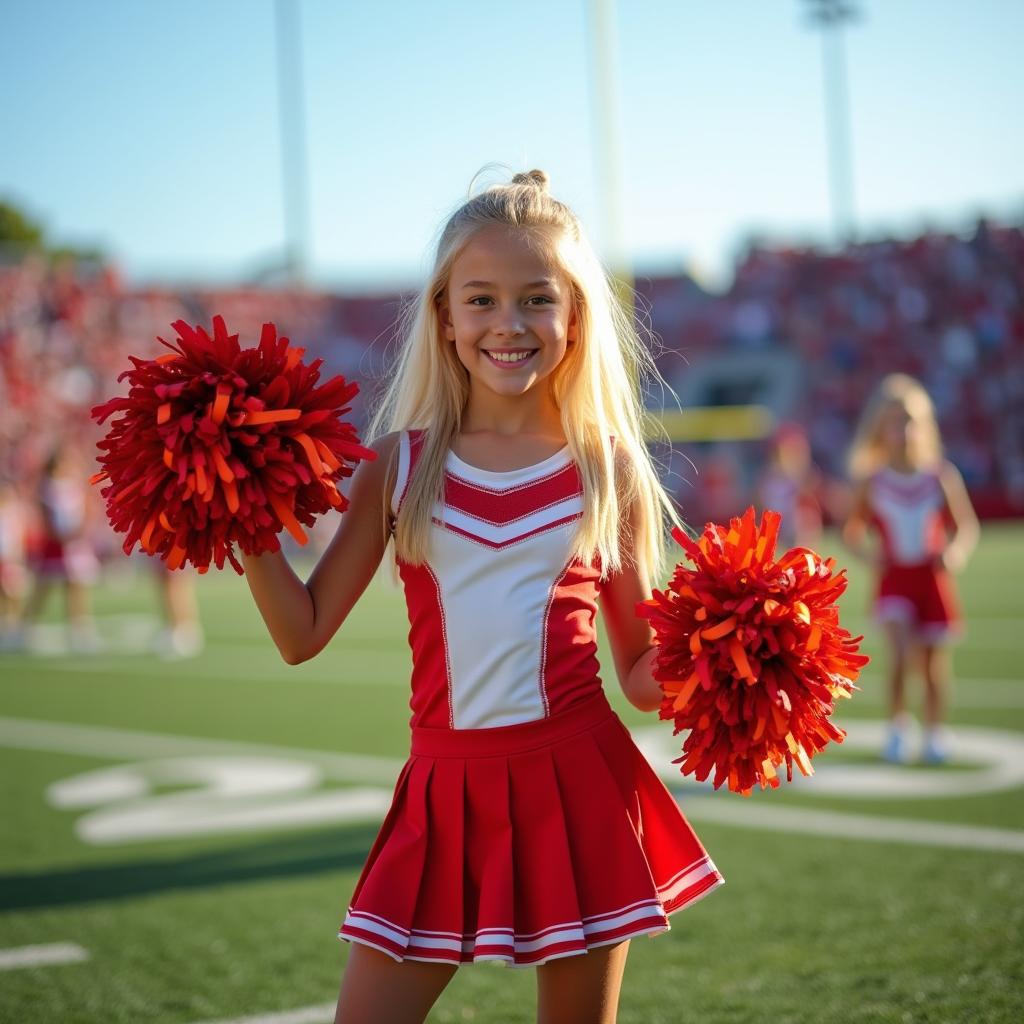 A cheerful blonde girl wearing a vibrant cheerleading outfit, complete with pom-poms and a bright smile