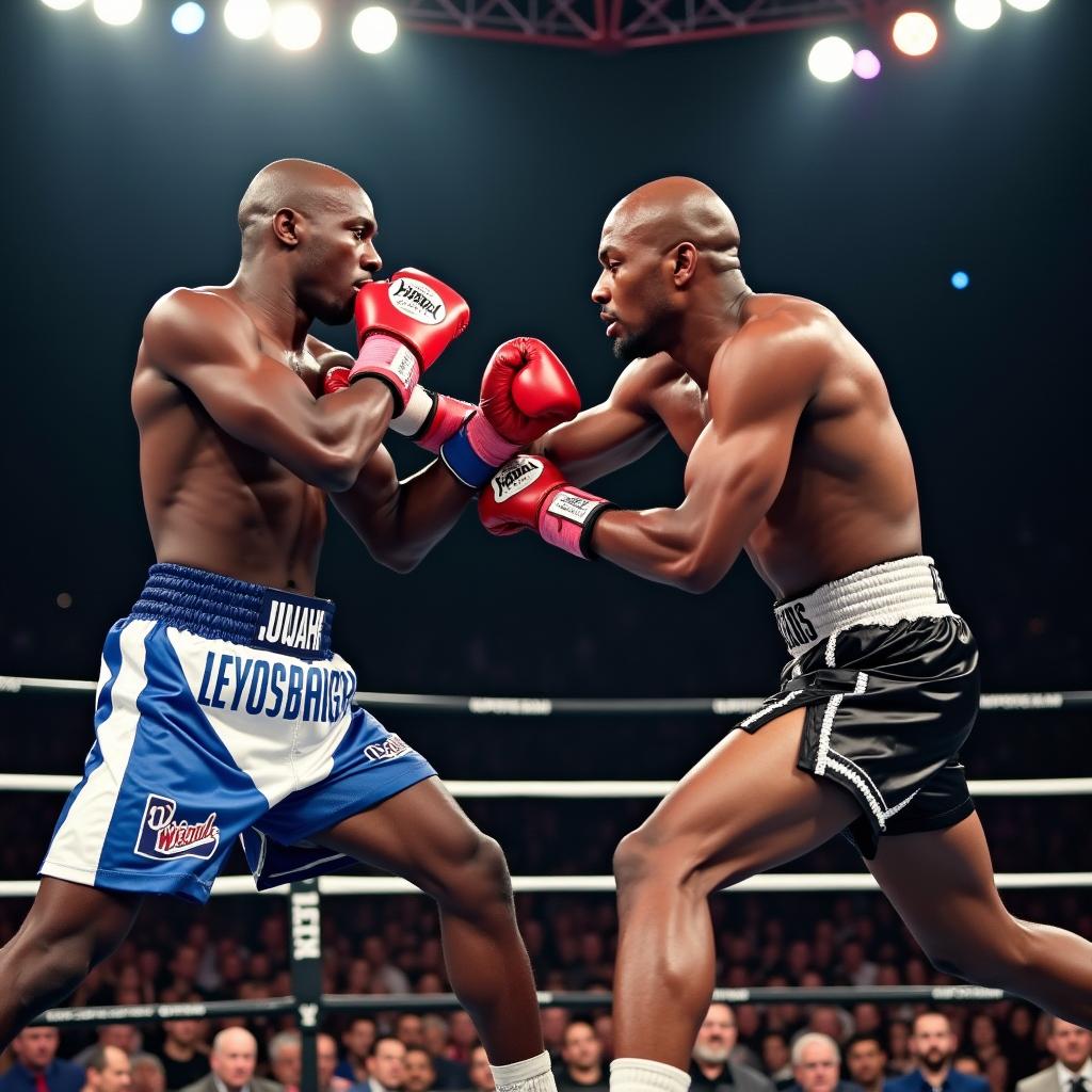 An intense boxing match scene featuring Zab Judah and Floyd Mayweather in a professional ring
