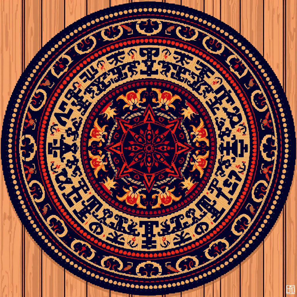A round rug featuring intricate rune designs, rendered in a pixel art style