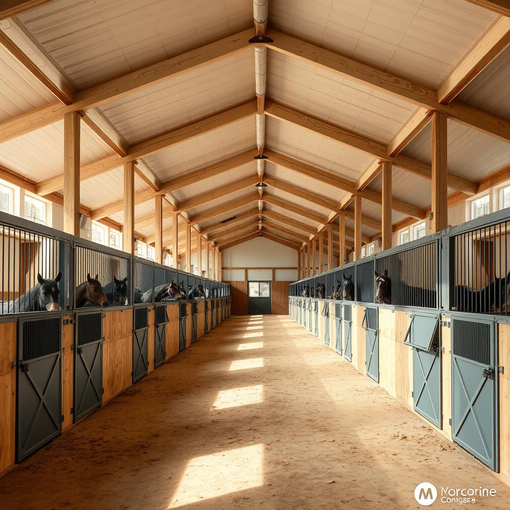 A spacious and airy stable on a stud farm, featuring a high ceiling that creates an open and bright atmosphere
