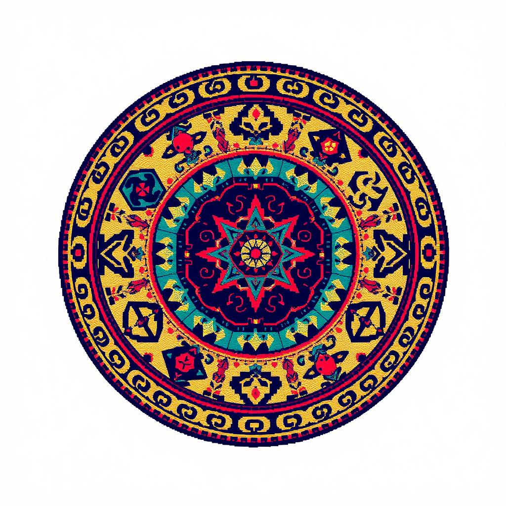 A round pixel art rug inspired by traditional runes, featuring intricate designs and vibrant colors