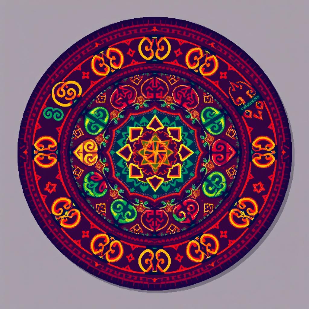 A round carpet featuring various intricate runes designed in a vibrant pixel art style, reminiscent of classic video game spritesheets