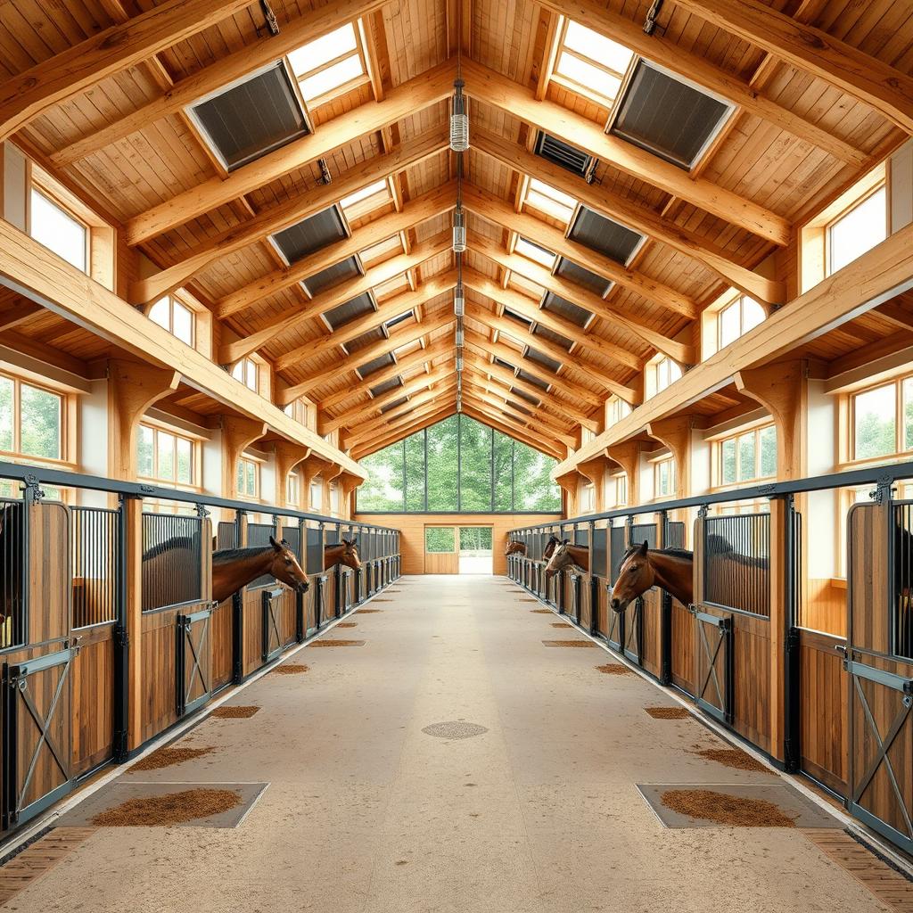 A spacious and modern stable on a stud farm featuring a high ceiling, designed with double rows of stalls