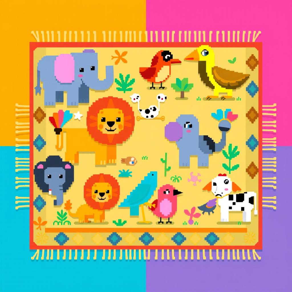 A vibrant pixel art depiction of a colorful rug featuring various stylized animals