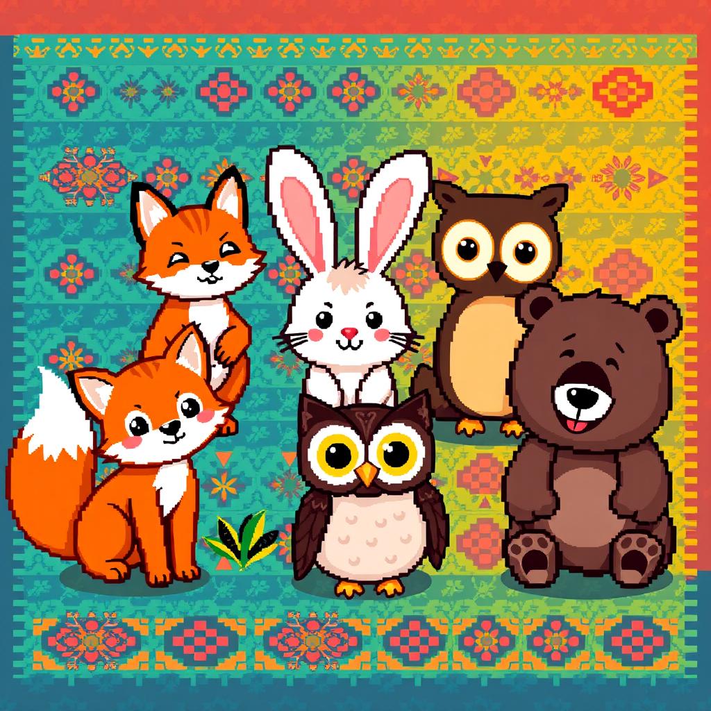 A vibrant pixel art spritesheet featuring various adorable animals arranged in a colorful patterned carpet (alfombra)