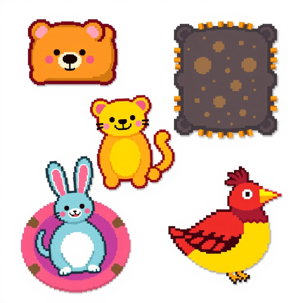 A colorful and playful pixel art spritesheet featuring various animal-shaped rugs