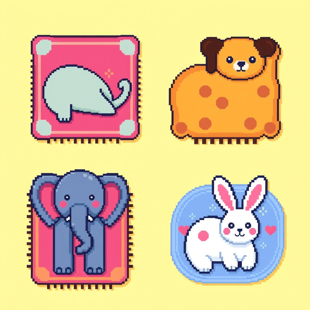 A vibrant pixel art spritesheet featuring a variety of animal-shaped rugs