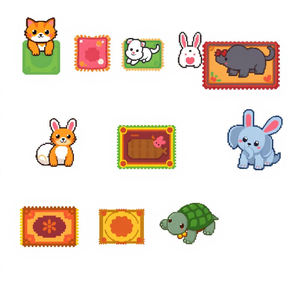 A colorful pixel art spritesheet featuring a variety of animal-shaped rugs