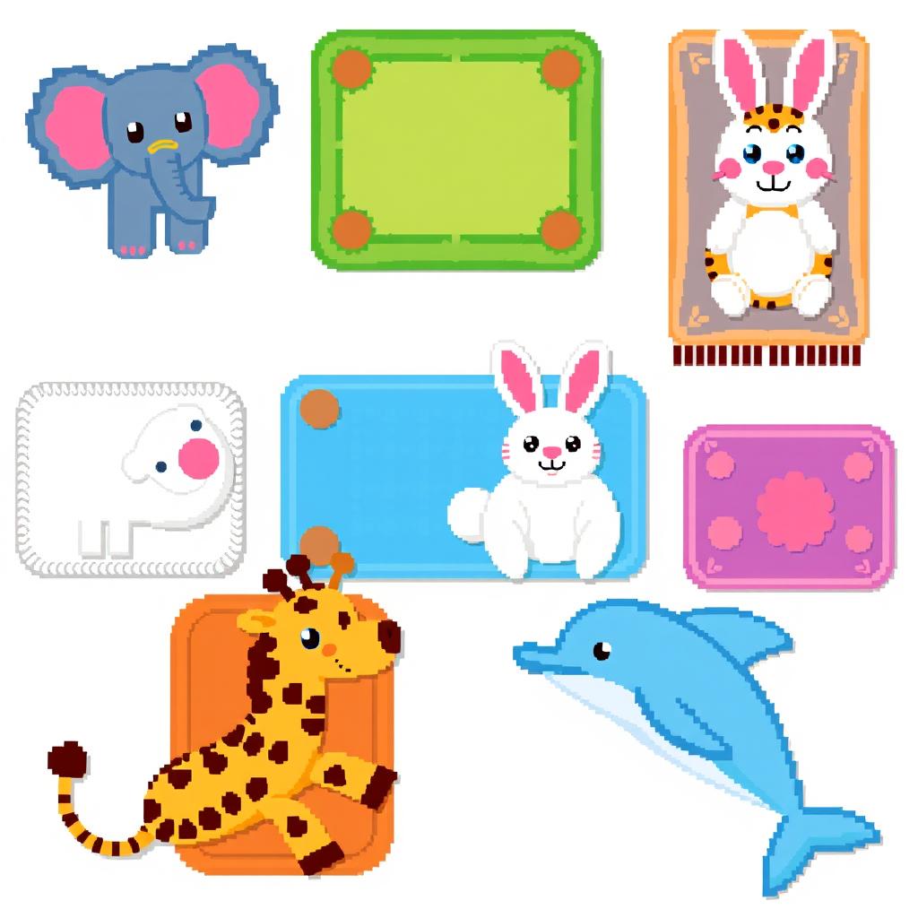 A vibrant pixel art spritesheet featuring a variety of animal-shaped rugs, including a colorful elephant, a cheerful tiger, a cute rabbit, a whimsical giraffe, and a playful dolphin